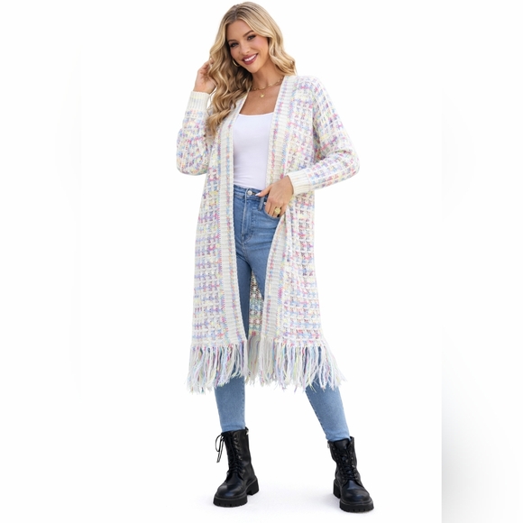 Boutique Sweaters - Long Open-Front Pastel Fringe Knit Cardigan Sweater